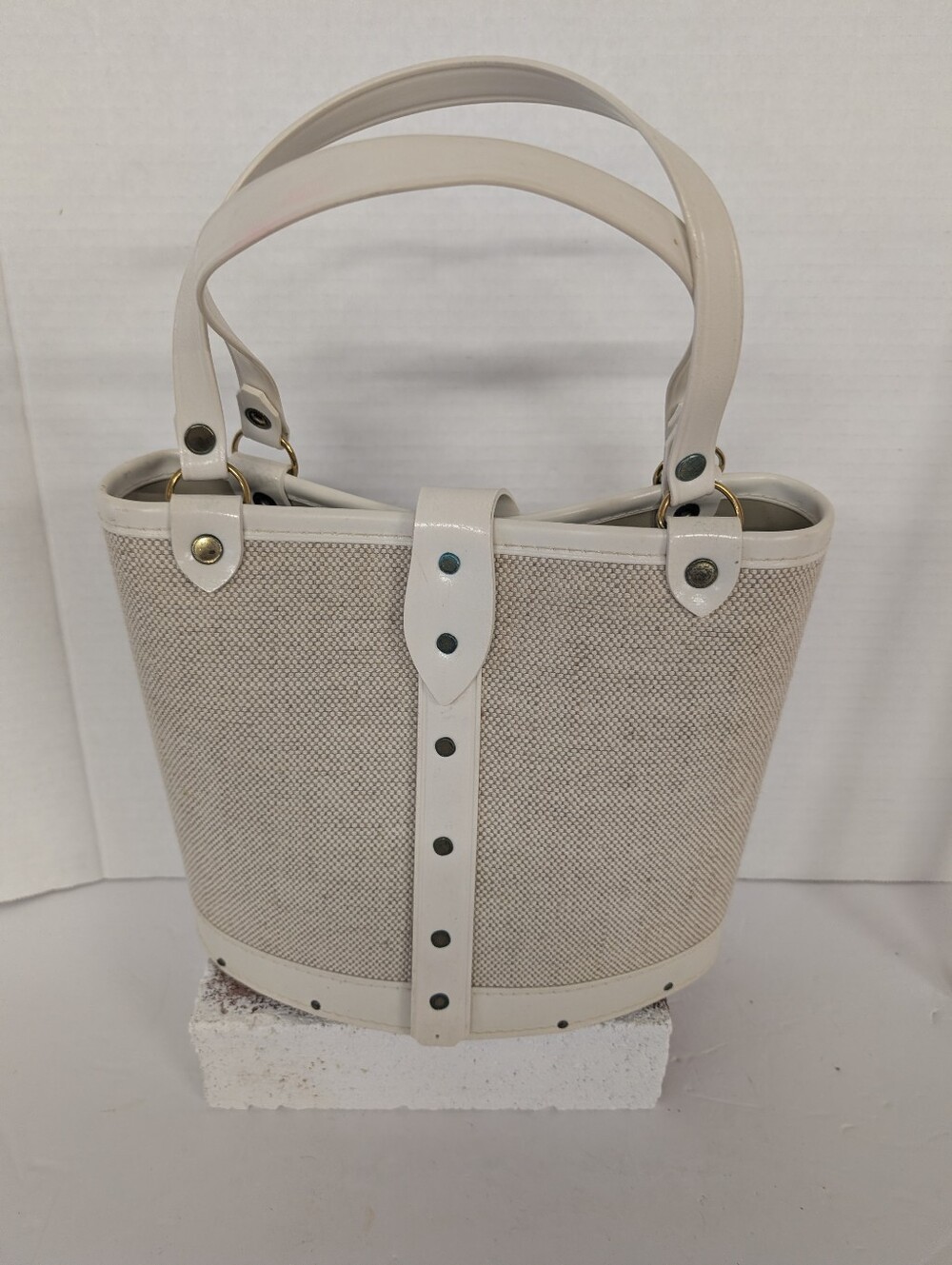 VINTAGE Bag Mini Bucket Bag Embellished Beige Pink Multicolor Gem Accents - Picture 2 of 9